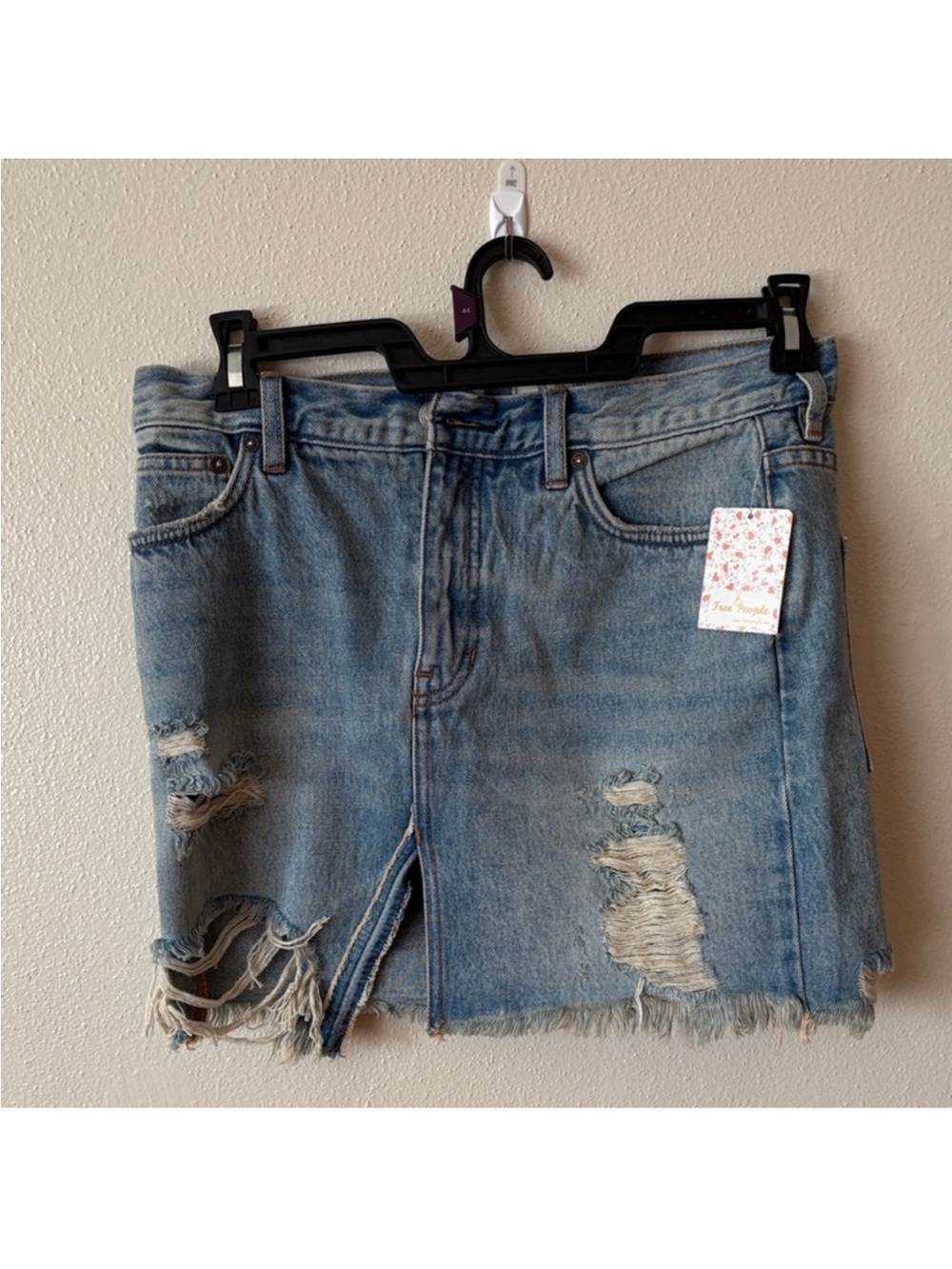 Free People Distressed Light Blue Denim Mini Skirt